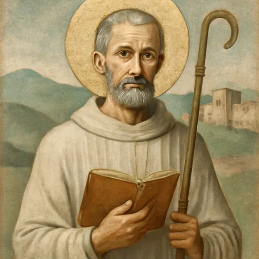 Fresco-style portrait of St. Nicetas of Remesiana, a gray-bearded bishop in late Roman vestments holding an open book and a shepherd's staff