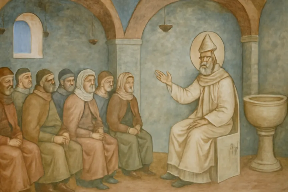 Fresco-style scene of a bishop teaching a circle of adults in plain tunics and cloaks in a simple stone church, a baptismal font behind them