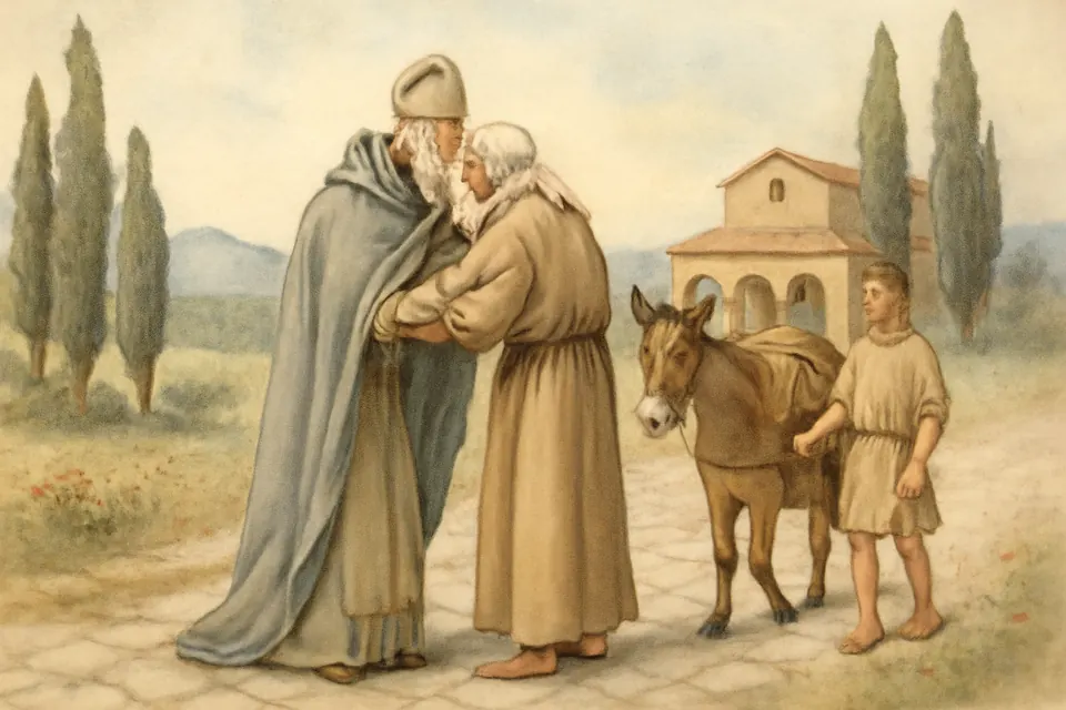 Watercolor-style scene of two elderly bishops embracing in farewell beside a Roman road, a mule loaded for the journey and a small basilica behind them