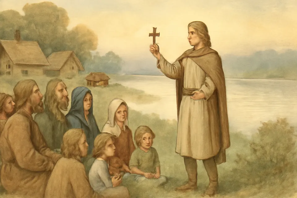 Watercolor-style scene of a young Gothic man teaching villagers about Christ beside the Danube