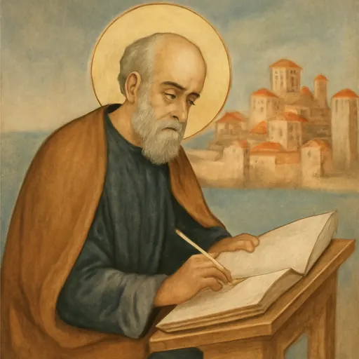Fresco-style portrait of St. Nicholas Cabasilas as a gray-bearded Byzantine scholar in a dark robe, writing in an open book at a lectern before the walls of Thessaloniki
