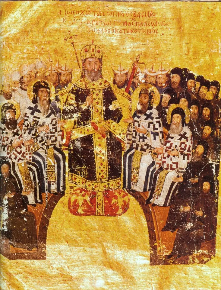 Byzantine manuscript painting on gold of a crowned emperor enthroned among bishops in patterned vestments and a crowd of monks in black hoods