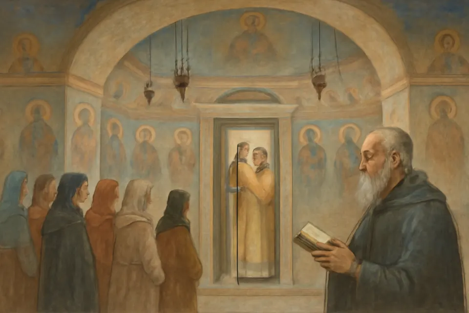Fresco-style scene of a gray-bearded Byzantine layman standing among worshipers in a domed church, watching a priest raise the chalice at the altar