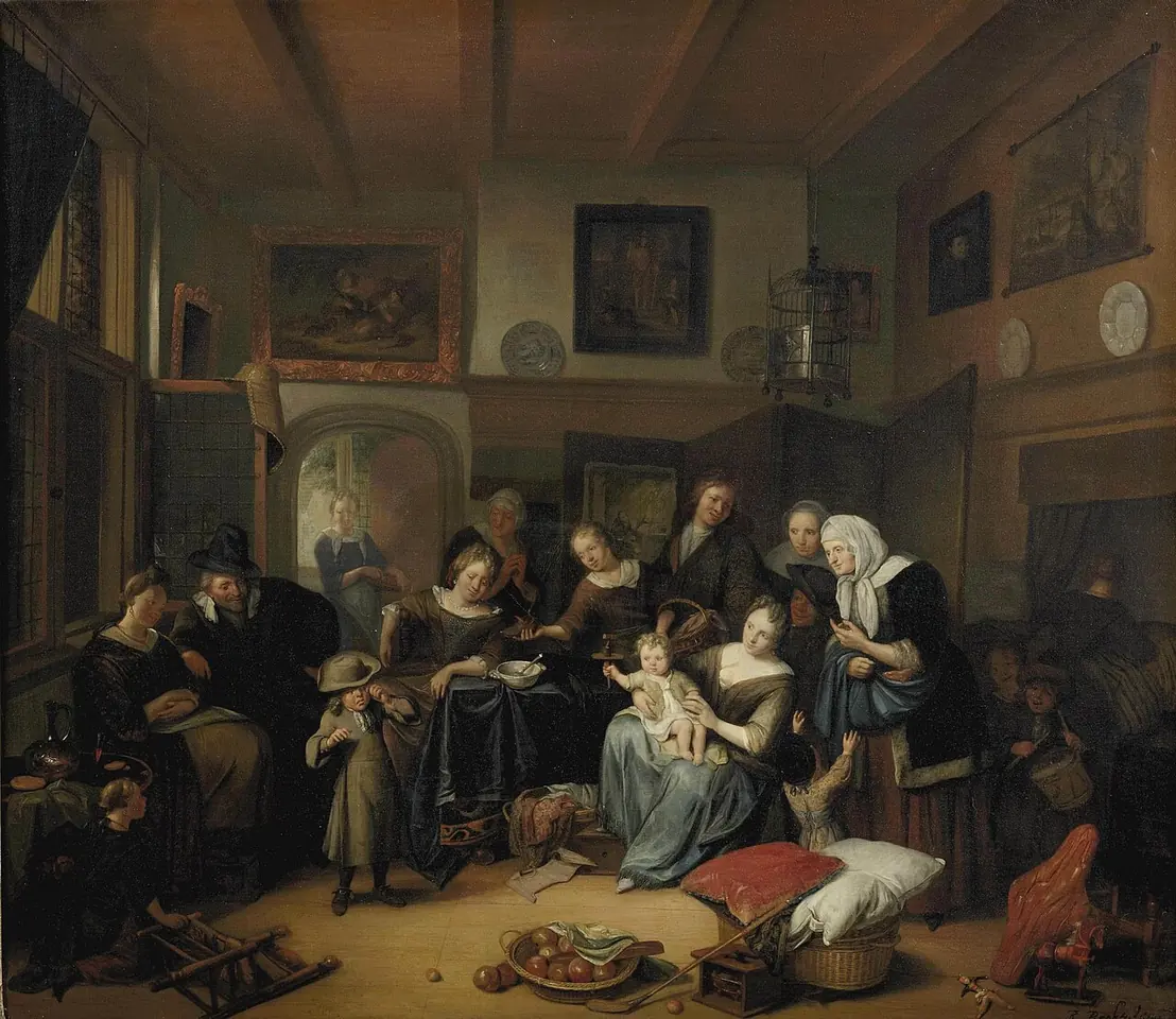 Crowded Dutch interior in which a family gathers around children holding new toys and sweets, with a baby on its mother's lap and baskets and cushions on the floor