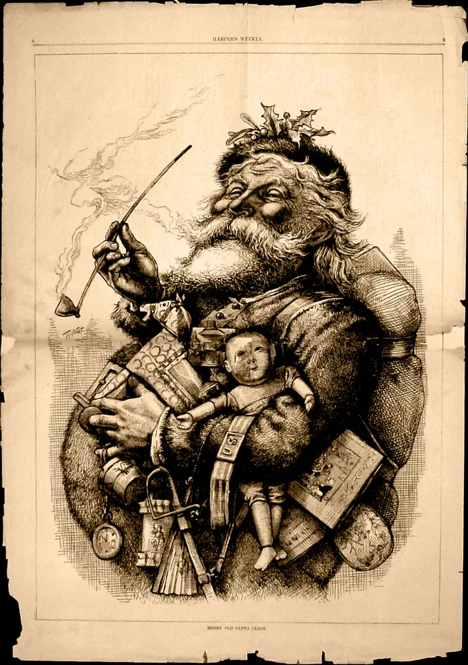 Engraving of a stout, white-bearded Santa Claus with a long pipe, holding a sack of toys including a doll, a sword and a toy horse