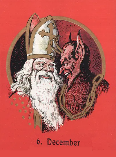 Red greeting card showing the white-bearded face of St. Nicholas in a gold miter next to a grinning horned Krampus with a chain, over the words 6. December