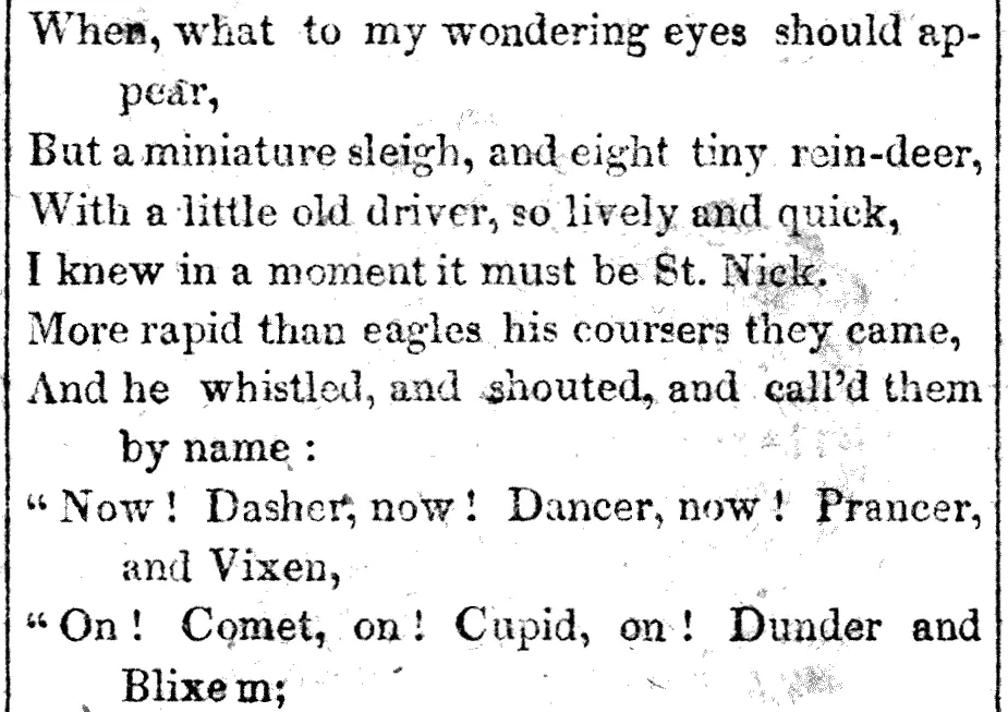 Old newspaper column of verse beginning "When, what to my wondering eyes should appear, But a miniature sleigh, and eight tiny rein-deer"