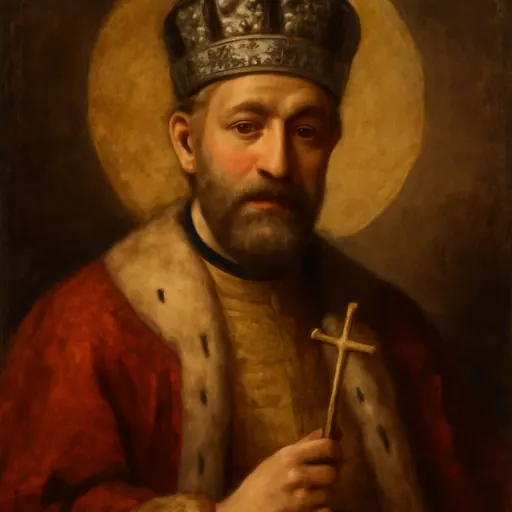 Oil-painting-style portrait of St. Nicholas II as a bearded Russian tsar in a red imperial mantle with an ermine collar and crown, holding a cross