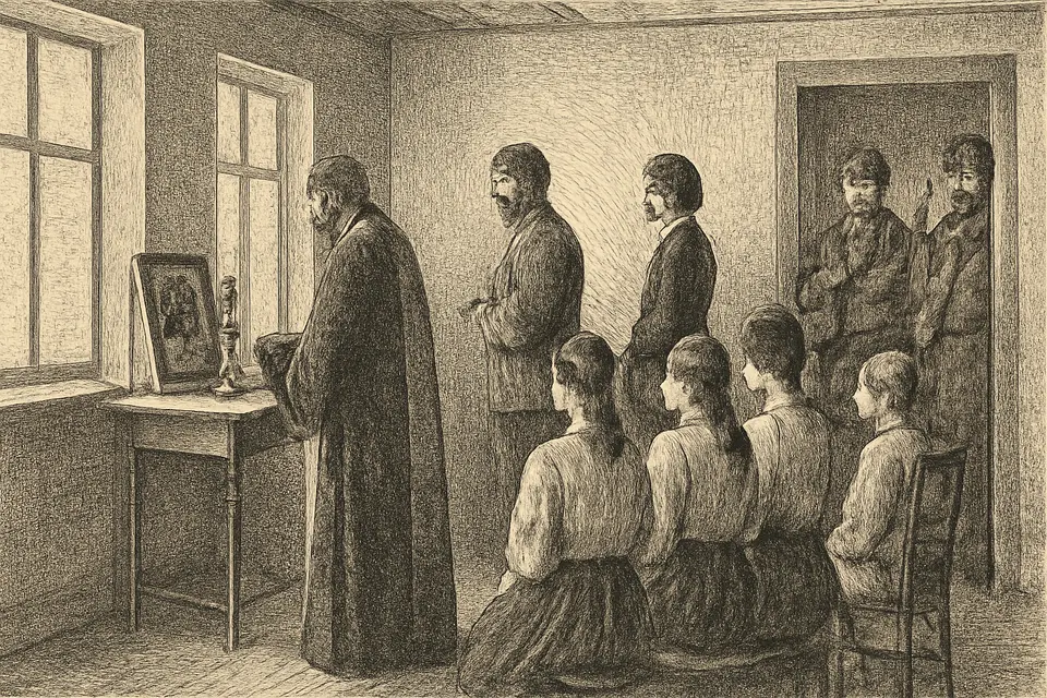 Engraving-style illustration of an Orthodox priest serving a short service in a plain room while a family of captives prays behind him