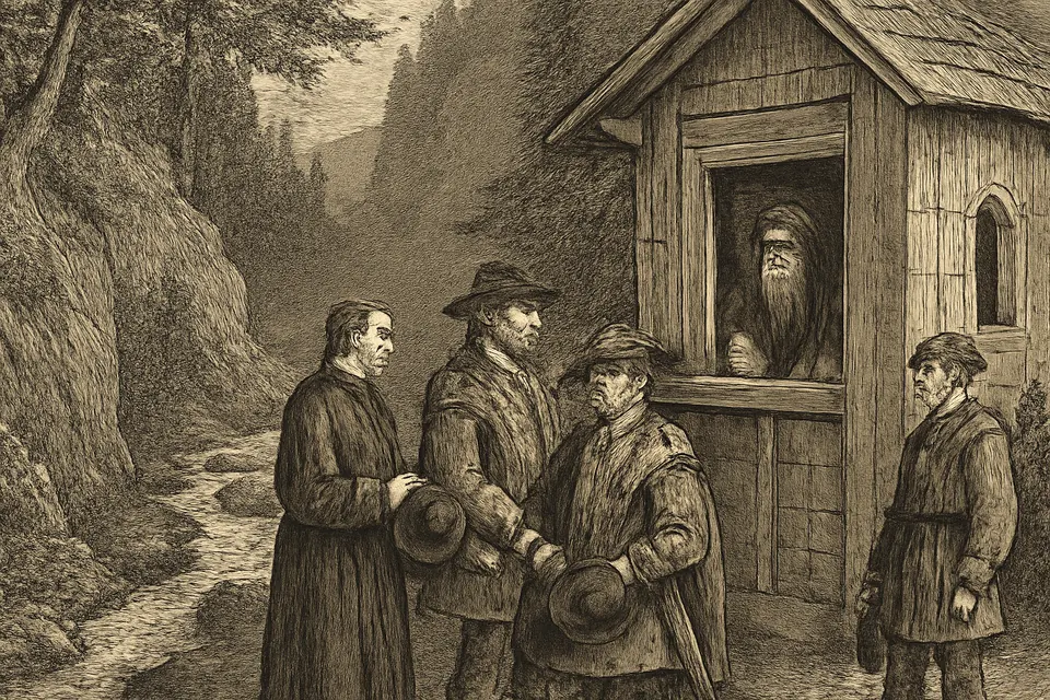 Engraving-style illustration of noblemen and a priest consulting a bearded hermit at the window of his small wooden cell beside a chapel in a mountain ravine