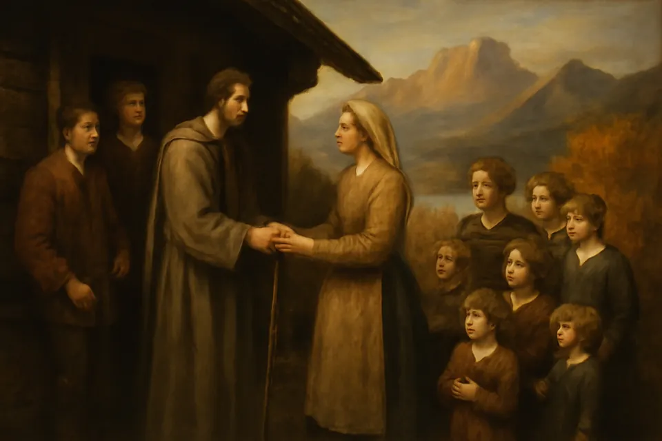 Oil-painting-style illustration of a farmer in a pilgrim's habit taking leave of his wife and children at the door of a wooden Swiss farmhouse in autumn