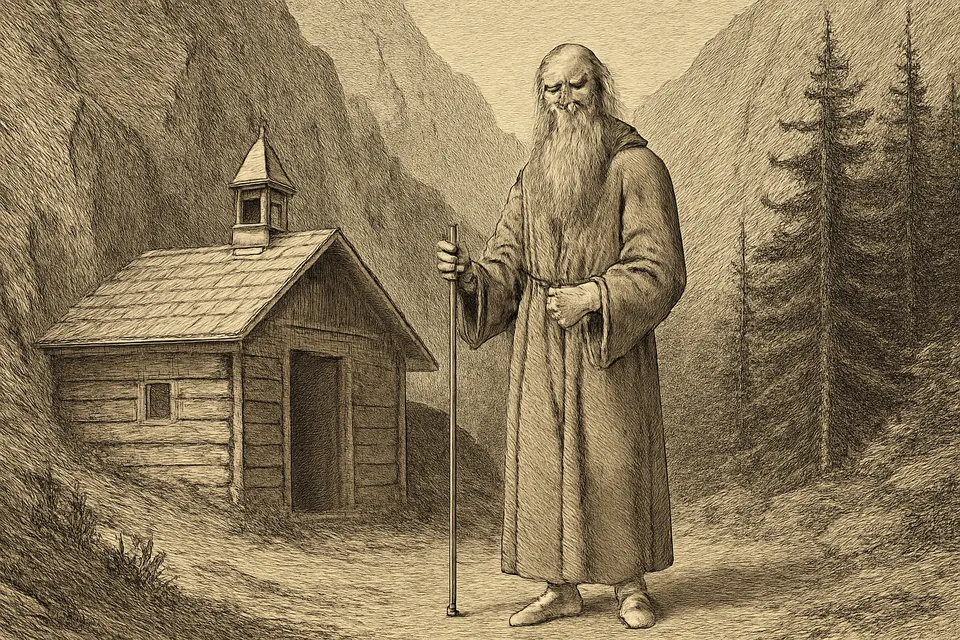 Engraving-style figure of a gaunt, barefoot old hermit in a long plain robe with a rosary and staff before a wooden cell in an Alpine gorge