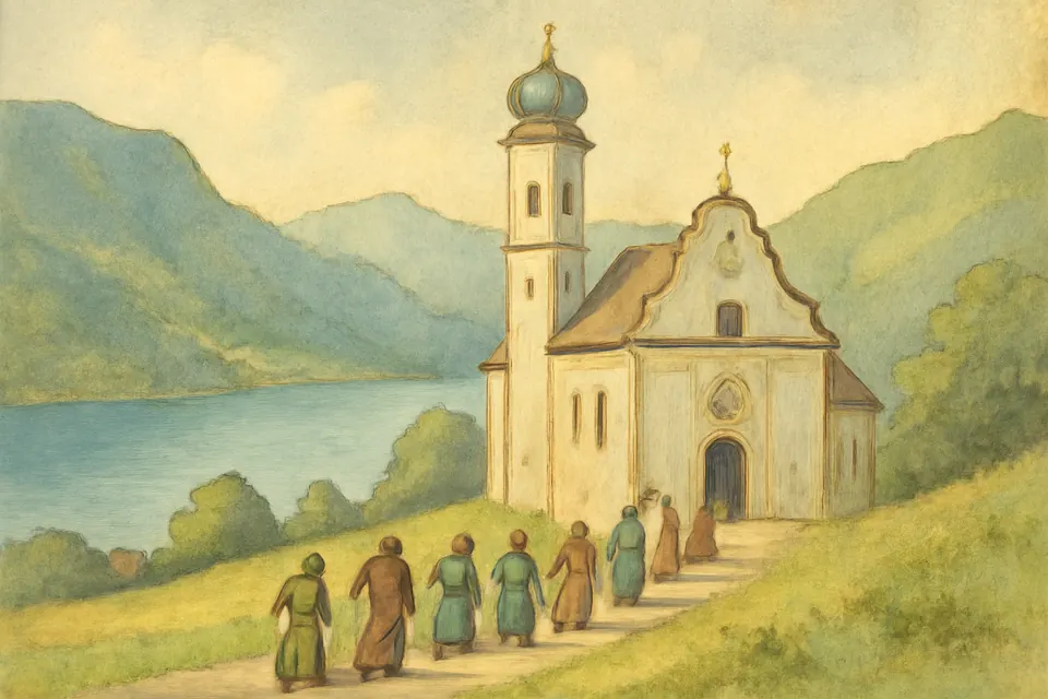 Watercolor-style view of a white Baroque church with a tall spire in a Swiss village above a blue lake, with pilgrims on the path