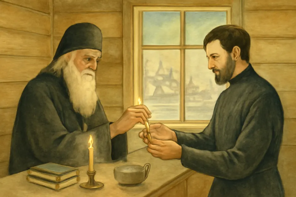 Illustration of the elderly missionary bishop Innocent giving his own bronze cross to the young priest Nicholas in a snowbound Siberian town