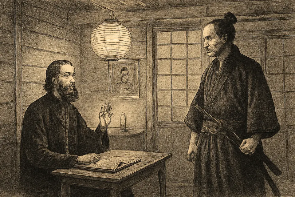 Illustration of the samurai Takuma Sawabe confronting the young priest Nicholas at night in the consulate chapel house in Hakodate