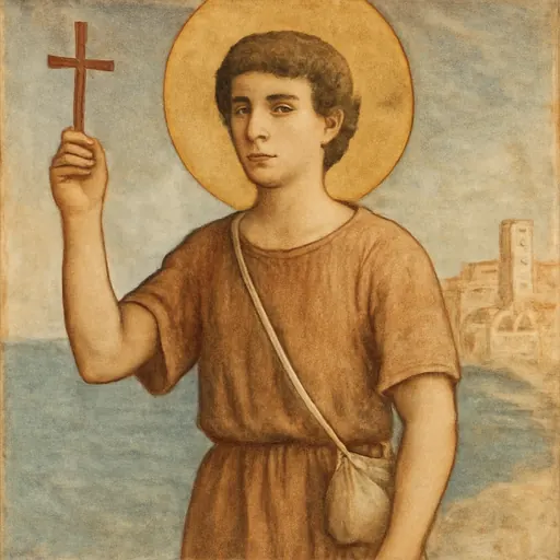 Fresco-style portrait of St. Nicholas the Pilgrim, a beardless Greek youth in a short pilgrim's tunic, holding up a plain wooden cross
