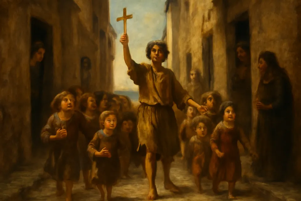 Oil-painting-style scene of a young pilgrim with a wooden cross surrounded by laughing children in the streets of a medieval Italian port