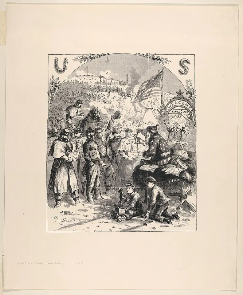 Grabado de Thomas Nast de un Santa Claus barbudo con chaqueta de estrellas que reparte regalos desde su trineo a los soldados de un campamento de la guerra civil estadounidense