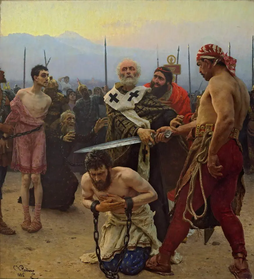 Cuadro de Iliá Repin en el que el obispo Nicolás, de cabello blanco, detiene la espada del verdugo mientras un preso atado se arrodilla ante él