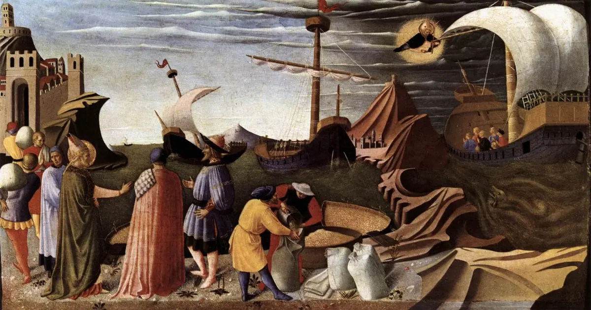 Pintura de Fra Angelico en la que San Nicolás aparece en el cielo sobre un barco en un mar agitado mientras en la orilla descargan trigo