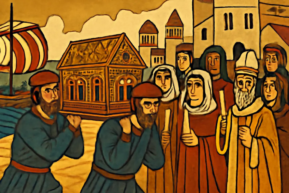 Illustration of sailors carrying the relics of St. Nicholas ashore at the harbor of Bari in 1087