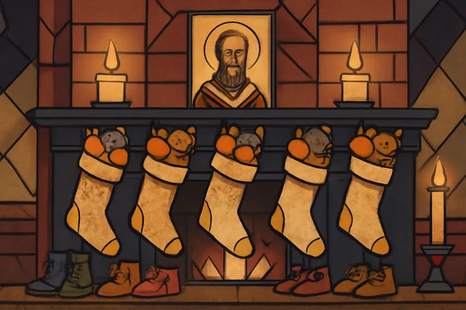 Illustration of children's shoes by a fireplace filled with gold chocolate coins and oranges on St. Nicholas Day