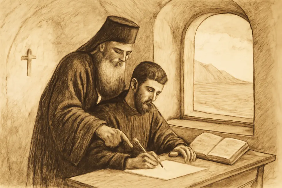 Ink-drawing-style scene of the young monk Nicodemus copying from an old manuscript at a table, while an older bishop in a black cowl watches and points to a page
