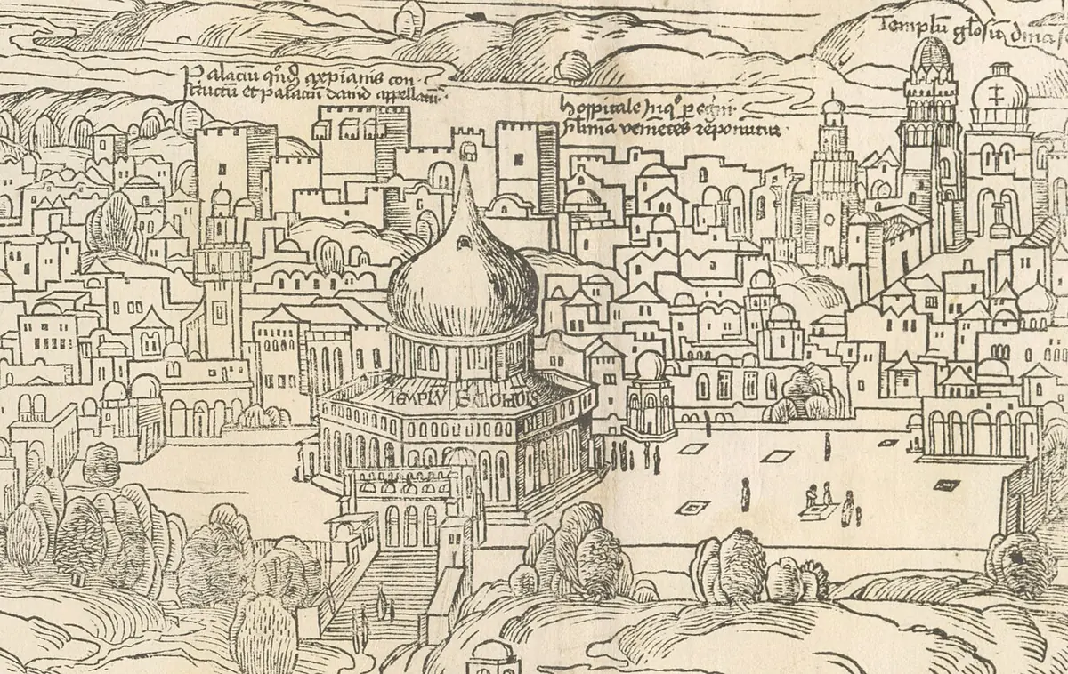 Late 15th-century woodcut view of Jerusalem with a great domed octagonal building on a wide paved platform, surrounded by houses, towers and city walls