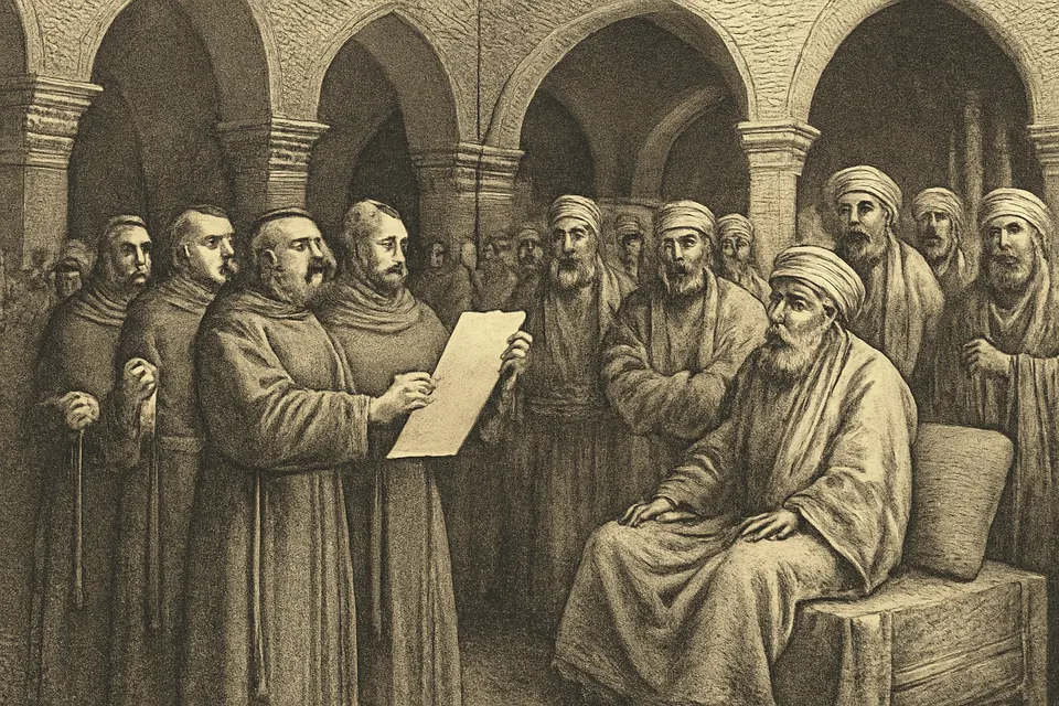 Engraving-style scene of four Franciscan friars standing before a seated judge and his officials in an arcaded courtyard, one friar reading from a scroll