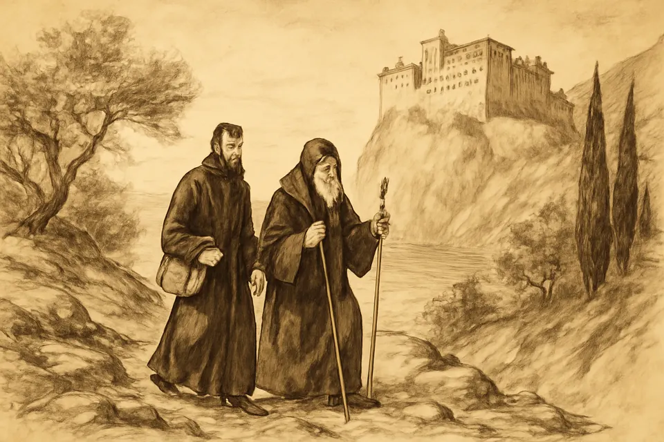 Ink-style scene of a Russian monk and an older companion climbing a rocky path toward a Greek monastery on Mount Athos