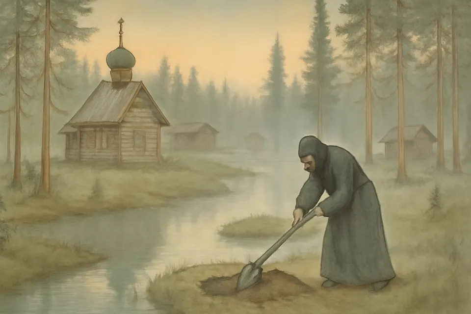 Watercolor-style scene of a few small log cells among spruce trees around a little wooden church in a northern Russian marsh