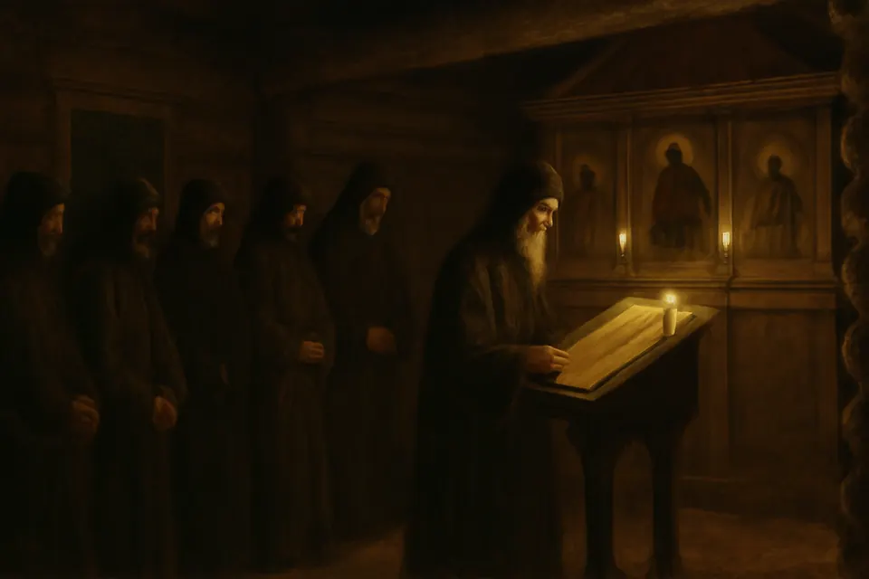 Oil-painting-style scene of a few monks standing through the night in a small candlelit wooden church while one reads from a large book