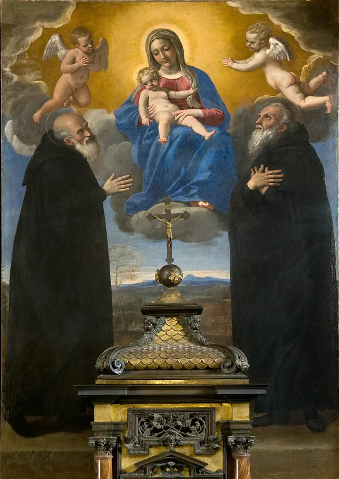 Altarpiece of the Virgin and Child on clouds with two cherubs, and two bearded monks in black habits below, hands on their hearts, either side of a crucifix