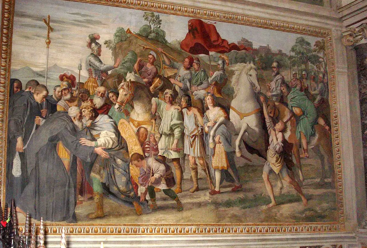 Large fresco of an old monk in a black habit embracing a young emperor who has dismounted, surrounded by soldiers, trumpeters and horses