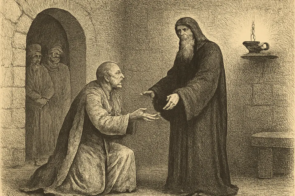 Engraving-style scene of a sick Byzantine nobleman on his knees before an old monk, begging him for the monastic habit