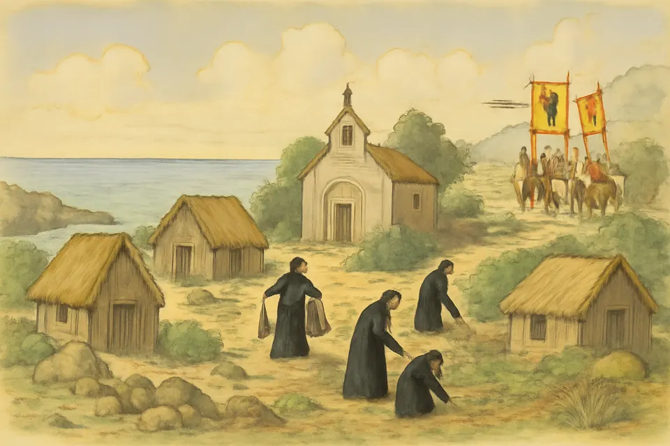Watercolor-style scene of a cluster of poor huts by the sea where a group of Greek monks lived, with a small stone oratory