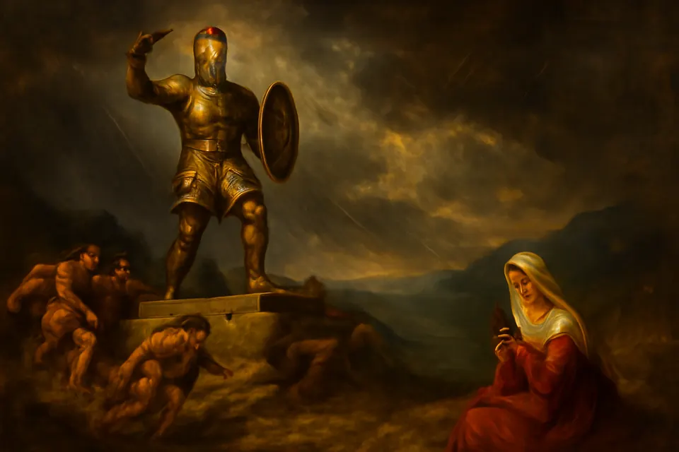 Oil-painting-style illustration of St. Nino praying on a hillside as a hailstorm breaks over a pagan idol at Mtskheta