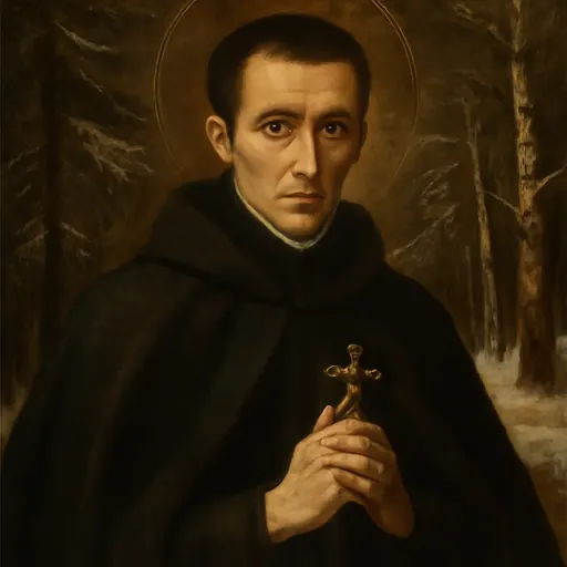 Oil-painting-style portrait of St. Noël Chabanel, a thin, serious French Jesuit of about thirty-five in a worn black cassock, holding a crucifix in a snowy forest