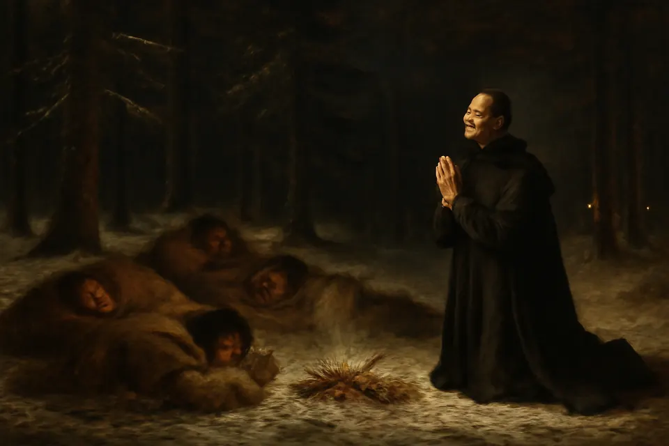 Oil-painting-style night scene of Father Noël Chabanel kneeling in prayer by a small campfire in a snowy forest while his Huron companions sleep