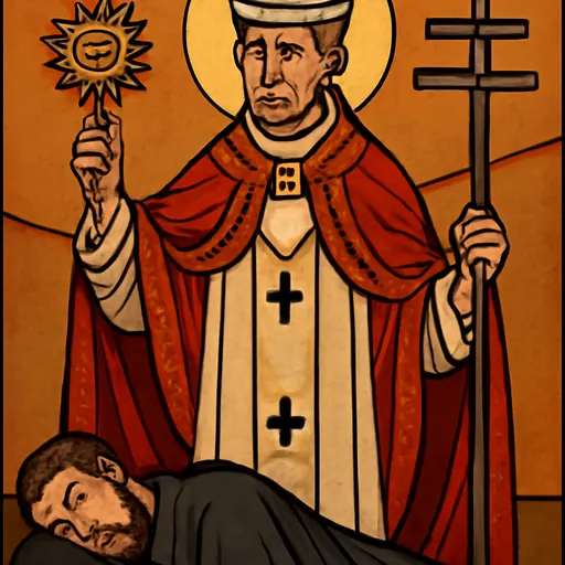 Oil-painting-style portrait of St. Norbert as a bishop in a white habit, red-lined cope and miter, holding up a gold monstrance and a double-barred cross