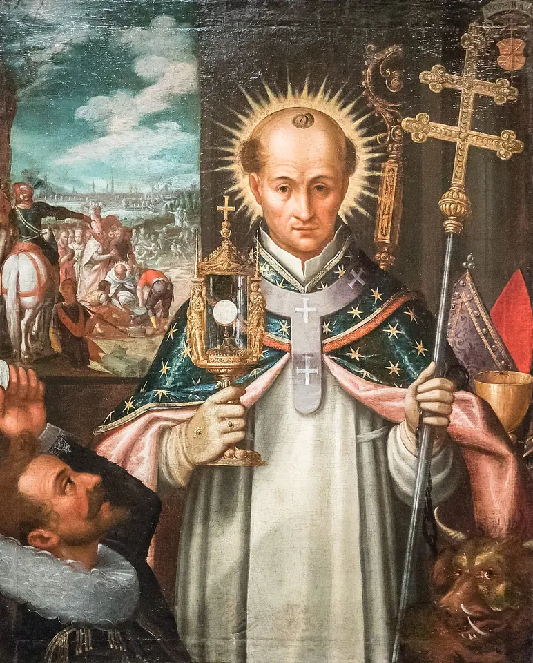 Painting of Norbert with a halo, in a white habit and a star-patterned cope, holding a monstrance and a double-barred cross, with a chalice and a defeated figure beside him