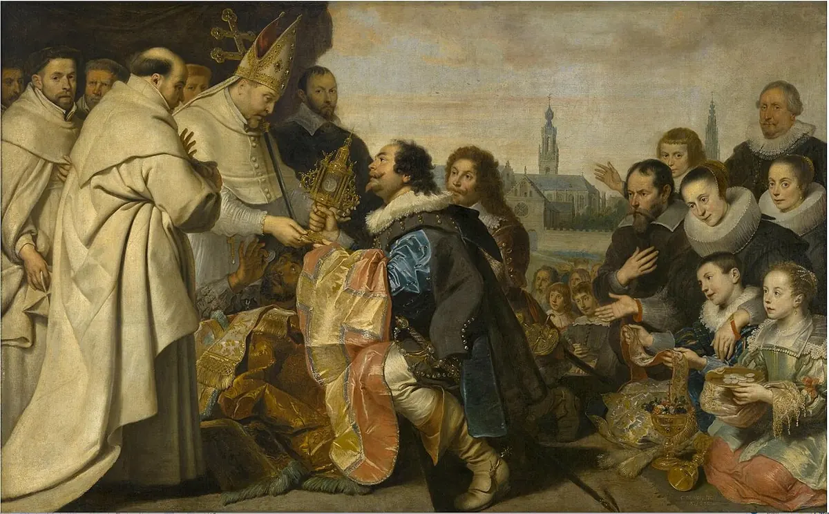 Crowded Flemish painting of well-dressed Antwerp citizens kneeling and handing gold church vessels to Norbert, who stands in a white habit beside a bishop