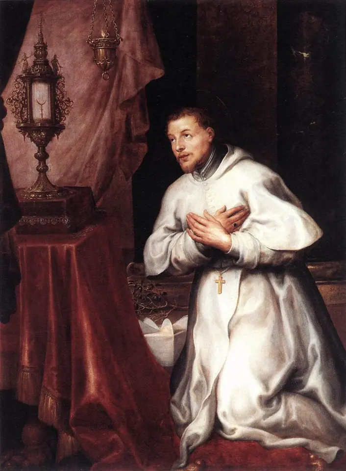 Flemish Baroque painting of Norbert kneeling in a white habit with his hands on his chest, gazing at a gold monstrance on an altar draped in red