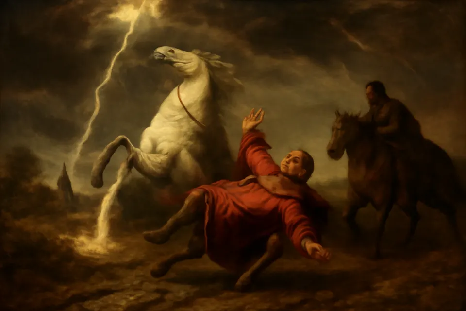 Illustration of a richly dressed young cleric thrown from his rearing horse as lightning strikes the ground during a storm