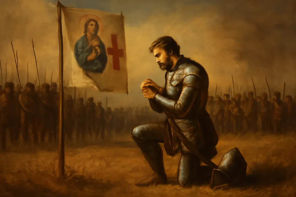 Oil-painting-style scene of a kneeling Portuguese commander praying before a banner of the Virgin while his army waits behind him