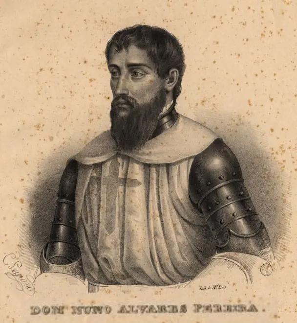 Lithograph portrait of a bearded man with dark hair wearing armor with a cross on the chest