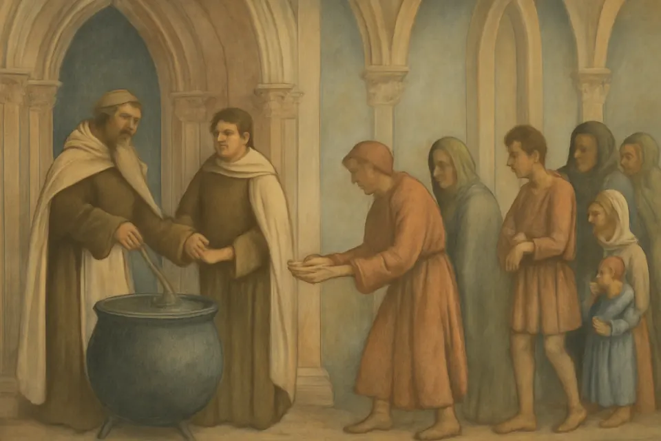 Fresco-style scene of an old Carmelite lay brother handing out bread and soup to poor people at a convent door in Lisbon