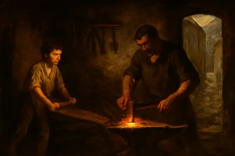 Oil-painting-style scene of the boy Nunzio Sulprizio working the bellows at a dark village forge while a stern blacksmith hammers iron
