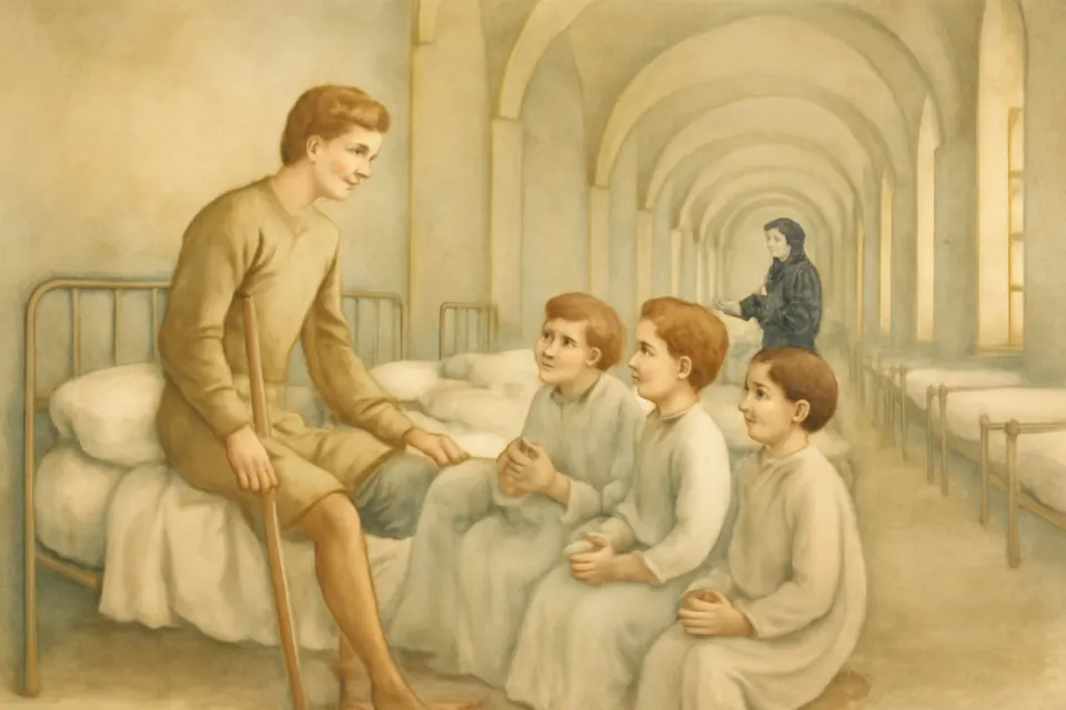 Watercolor-style scene of the young Nunzio Sulprizio on crutches teaching the catechism to sick boys in a vaulted hospital ward in Naples