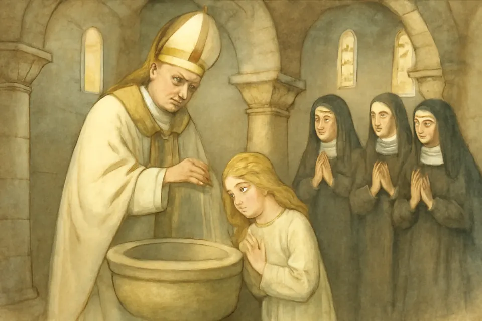 Watercolor-style scene of a bishop baptizing a girl of about twelve at a stone font as she opens her eyes in wonder